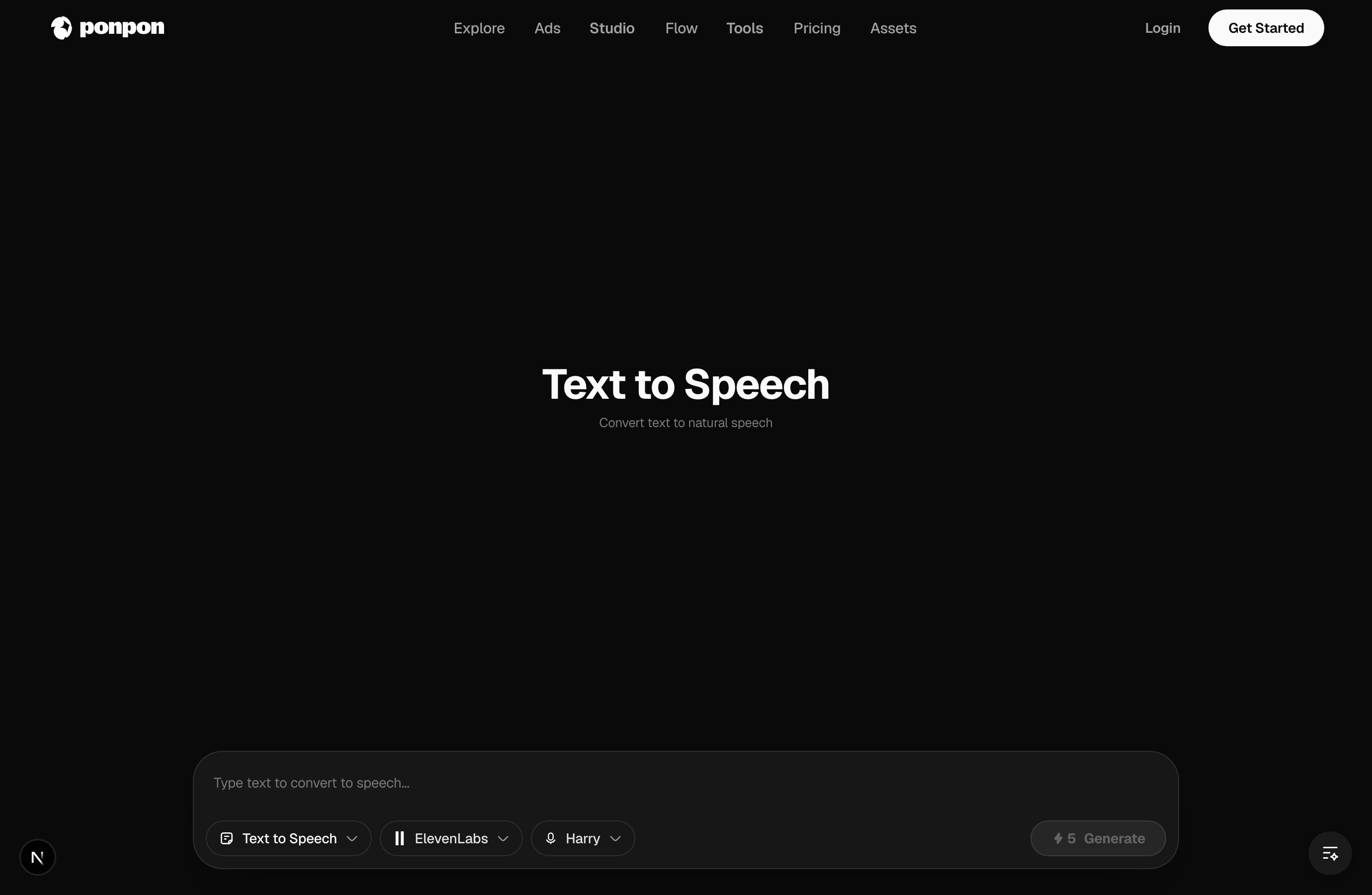 The Sunra audio studio in Text to Speech mode — the composer bar holds the mode selector, the voice provider (ElevenLabs), the voice (Harry), and Generate.