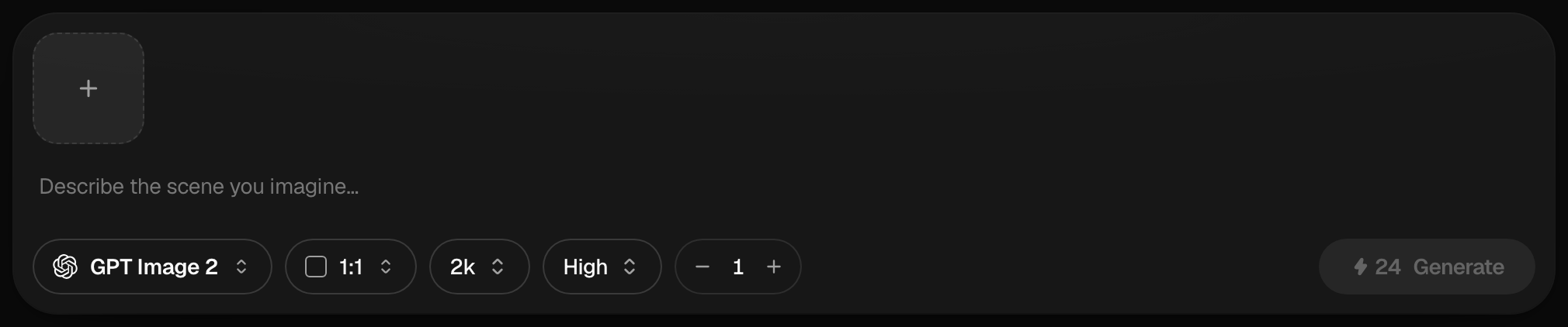 The image generator's prompt bar — the + button attaches reference images, which you can then mention with @ inside the prompt.