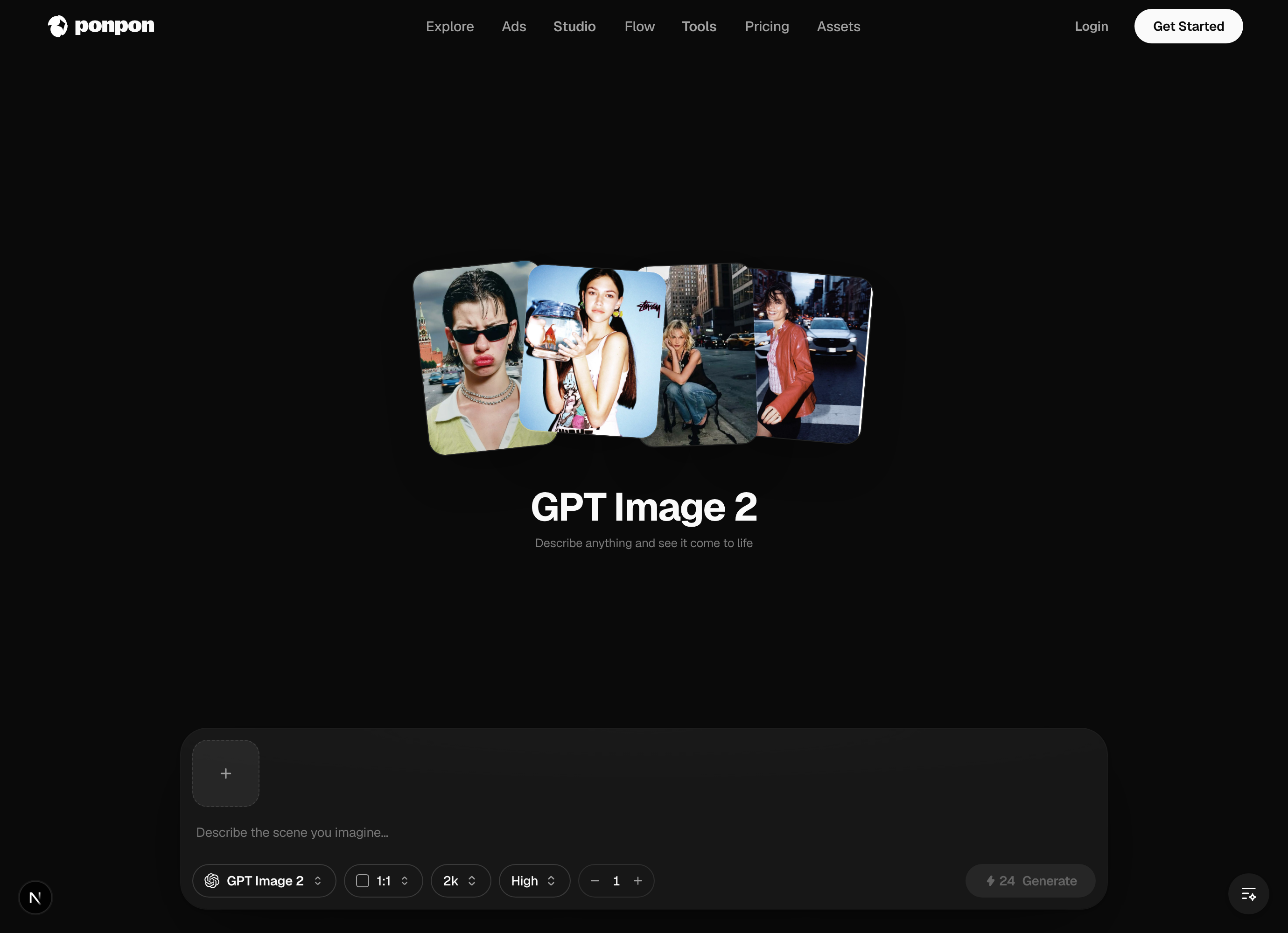 The Sunra image generator — the prompt bar along the bottom holds the model picker (GPT Image 2), aspect ratio, resolution, quality, and count, with Generate showing the credit cost.