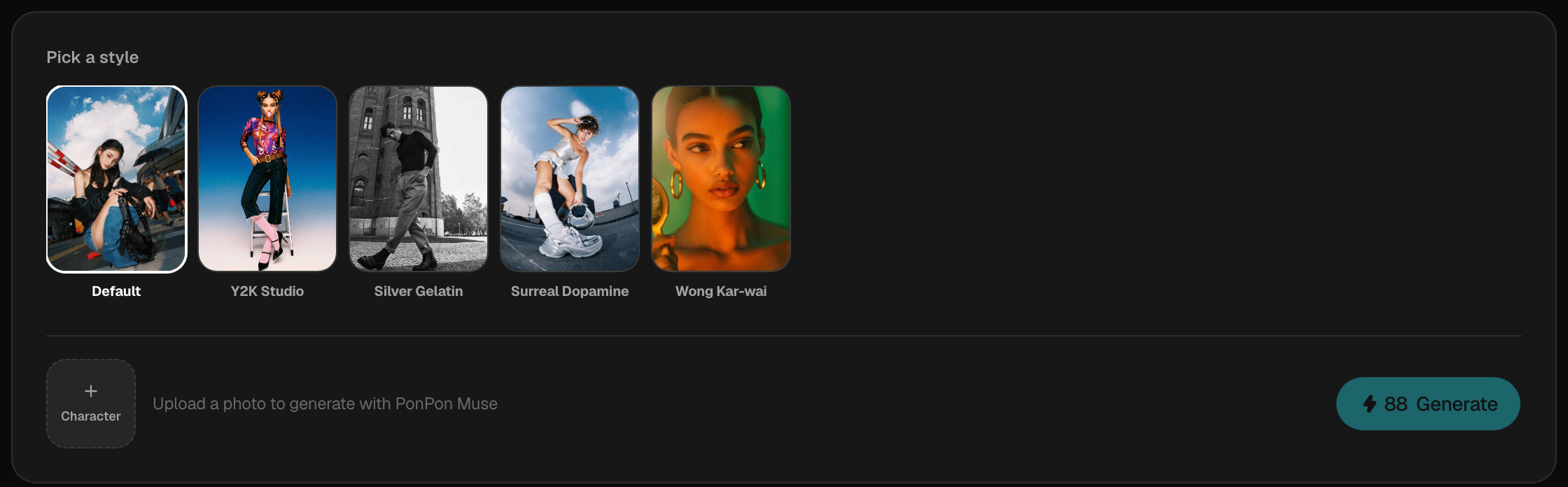 Sunra Muse — upload a photo with the + Character button, pick one of the curated styles, and Generate.
