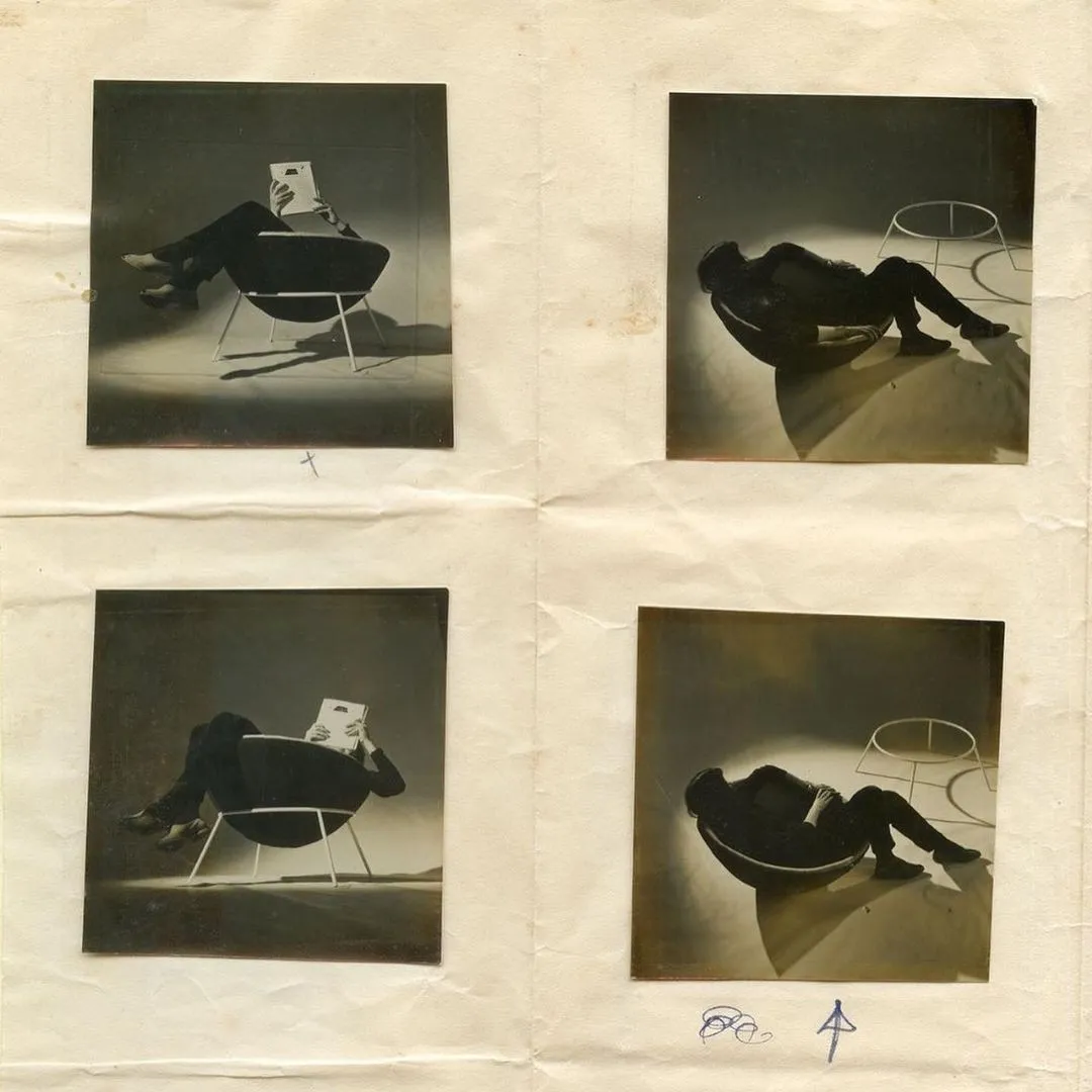 Four sepia frames of a figure in a bowl chair on one aged sheet, hand-drawn arrows annotating the moves