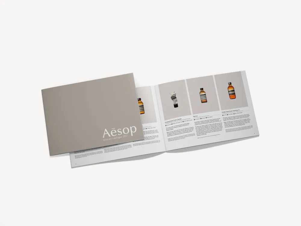Open printed booklet on white, gridded type and small product plates across a two-page spread