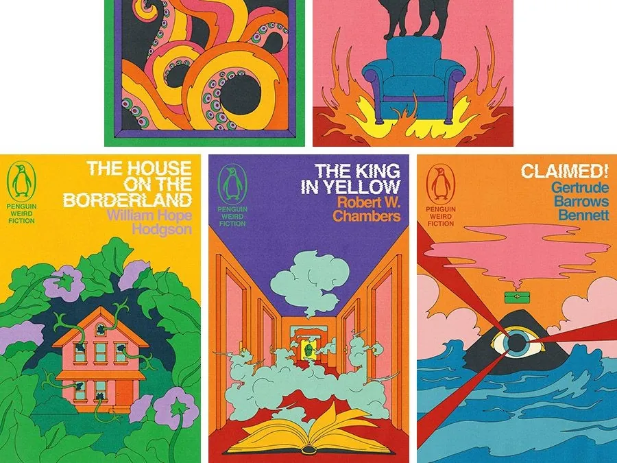 Five paperback covers from one fiction series, each a different scene drawn in the same flat psychedelic line and palette