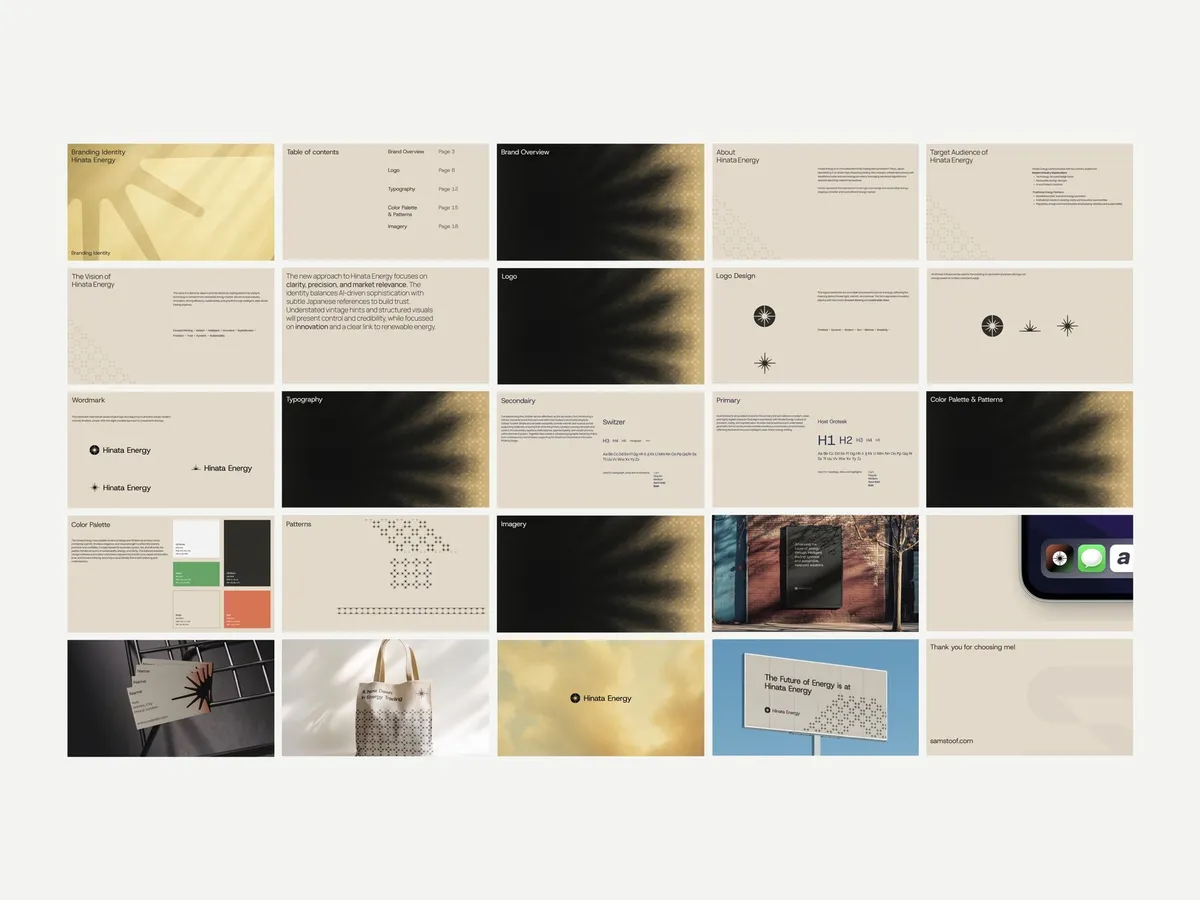 Large grid of typeset brand-guideline pages laid out flat, cream and black with small colour swatches